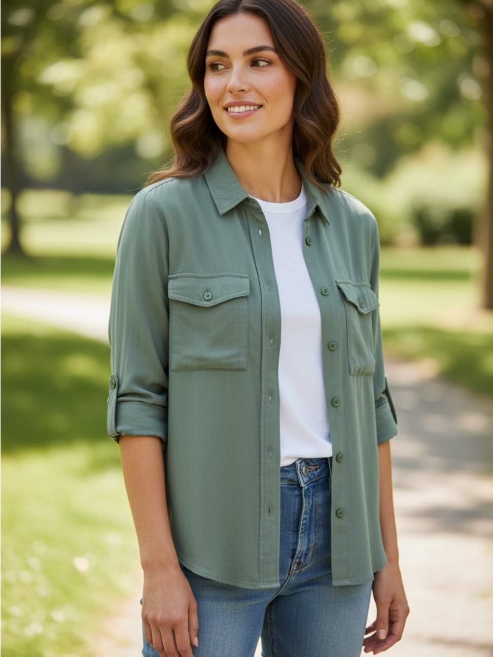 H&M womens Olive Green Button-Front Shirt with print on back size 8